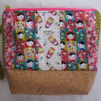 Handmade project bag made of cotton Matryoshka fabric and cork 12.5" x 11" x 4.5"