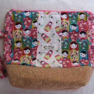 Handmade project bag made of cotton Matryoshka fabric and cork 12.5" x 10.5" x 4.75"